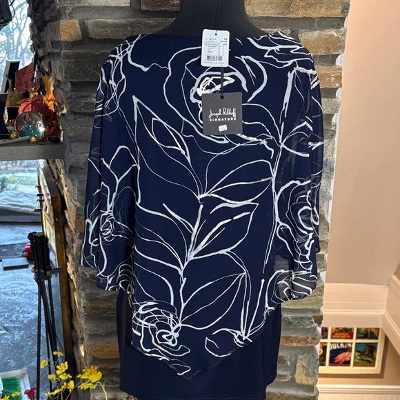 NWT Joseph Ribkoff Navy Blue and silver Rose Print Blouse - Picture 3 of 6